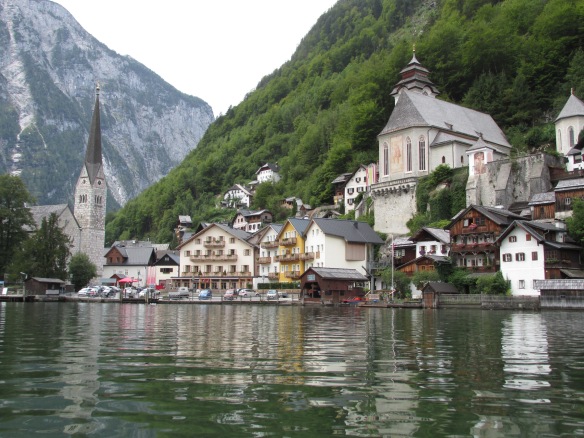 Hallstatt: View from a paddle boat. The valley behind the church steeple is the one I ran into...